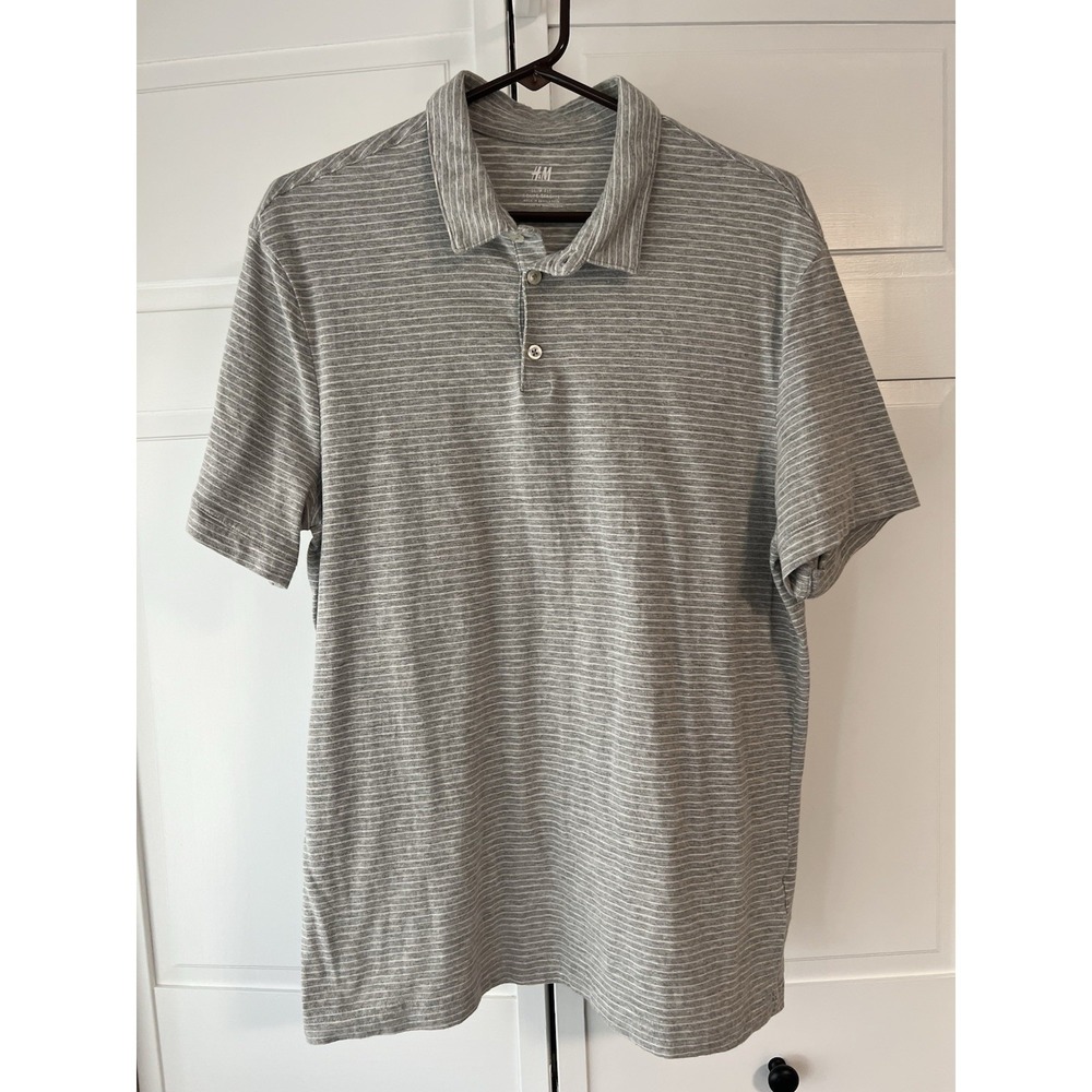 H&M Mens Slim Fit Gray Striped Short Sleeve Cotton Polo Shirt‎ Large 0570004 8